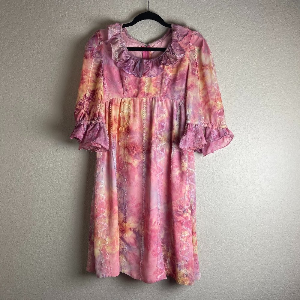 Vintage Retro 70s Colorful 3/4 Ruffle Sleeve Babydoll Dress